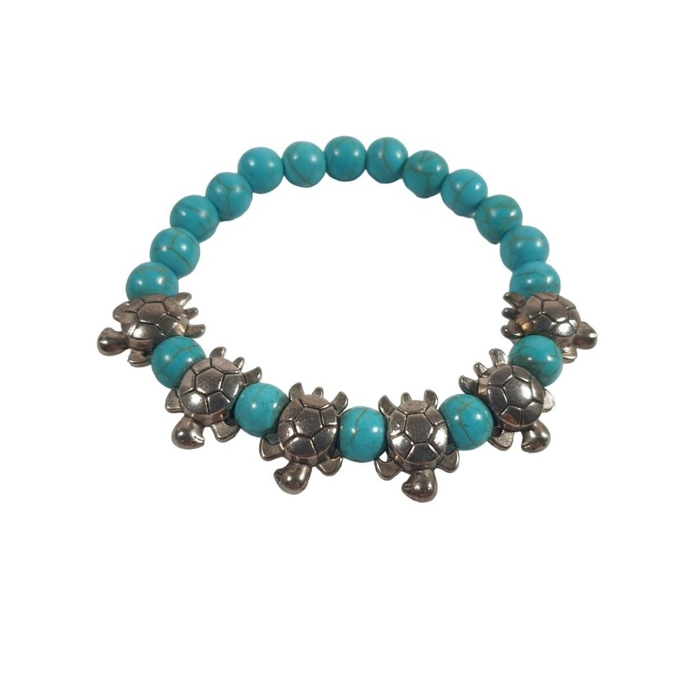 Sea Turtle Stretch Bracelet 7" Fashion Costume Turquois Blue Silver Tone Ocean